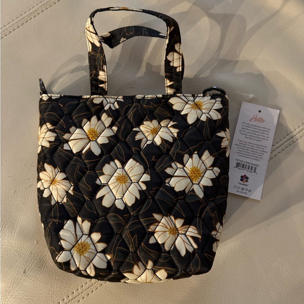 lug Black Quilted Crossbody Bag with White and Gold Floral Print